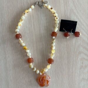 Beaded Brown and Cream Stone Necklace and Earring Set